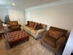 Living Room Furniture: Sofa, Chairs, Leather Ottoman, Pillows
