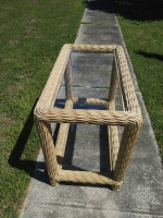 Rattan Sofa Table Glass top, two shelves