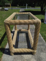 Rattan Sofa Table Glass top, two shelves
