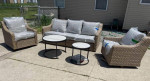 NEW Patio wicker set sofa with 2 swivel glider chairs ,tables & covers