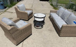 NEW Patio wicker set sofa with 2 swivel glider chairs ,tables & covers