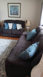 Brown love seat and recliner sofa