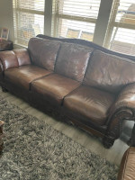 leather and wooden frame sofa set