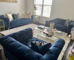 MOVING SALE VELVET BLUE LIVING ROOM SET SOFA AND OVER SIZED CHAIRS