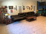 leather sofa, wood coffee and end tables, 2 lamps $500 OBO