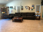 leather sofa, wood coffee and end tables, 2 lamps $500 OBO