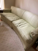 Vintage curved front sofa - white and green damask upholstery