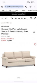 Pottery Barn queen sleeper sofa with memory foam mattress