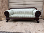 Classical Mahogany Green Silk Stripe Upholstered Sofa. 93 inch wide.