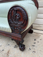 Classical Mahogany Green Silk Stripe Upholstered Sofa. 93 inch wide.