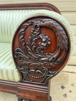 Classical Mahogany Green Silk Stripe Upholstered Sofa. 93 inch wide.