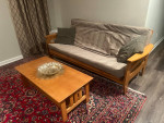 futon sofa bed with mattress and coffee table
