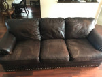 Brown “leather” Stained Fabric Couch Sofa Nailhead Accents