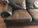 Brown “leather” Stained Fabric Couch Sofa Nailhead Accents