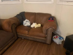 Entertainment center with 2 matching cabinets, leather sofa / couches