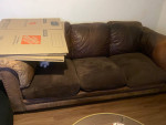 Entertainment center with 2 matching cabinets, leather sofa / couches