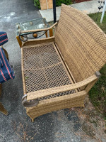 Outdoor wicker sofa, and coffee table