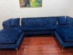 Three-piece tufted sectional sofa, navy blue velvet