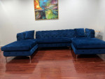 Three-piece tufted sectional sofa, navy blue velvet