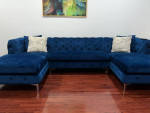 Three-piece tufted sectional sofa, navy blue velvet