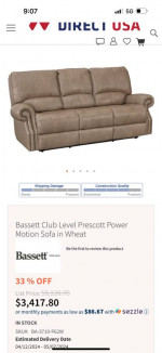 Bassett leather sofa & loveseat electric recliners