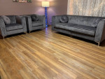Meridian Grey Velvet sofa and two matching arm chairs