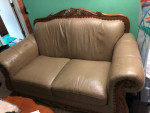 Leather and Oak Loveseat Couch Sofa
