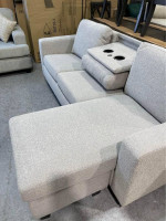 New Chaise Sofa with Drop-Down Table, Light Gray Boucle
