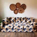 Velvet Sofa in Navy & Camel