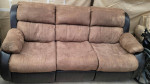 Dark Brown and Tan Suede and Leather Sofa With Built in Recliners