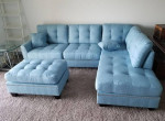 Brand New Light Blue Linen Sectional Sofa +Ottoman