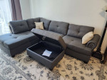 Like New Grey Linen Sectional Sofa +Storage Ottoman