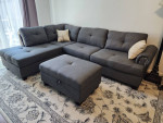 Like New Grey Linen Sectional Sofa +Storage Ottoman