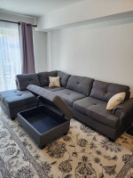 Like New Grey Linen Sectional Sofa +Storage Ottoman