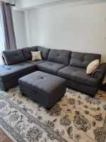 Like New Grey Linen Sectional Sofa +Storage Ottoman