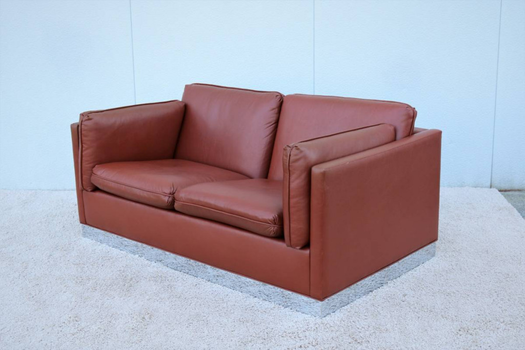 Mid-Century Modern Milo Baughman Style Brown PU Leather Two-Seat Sofa