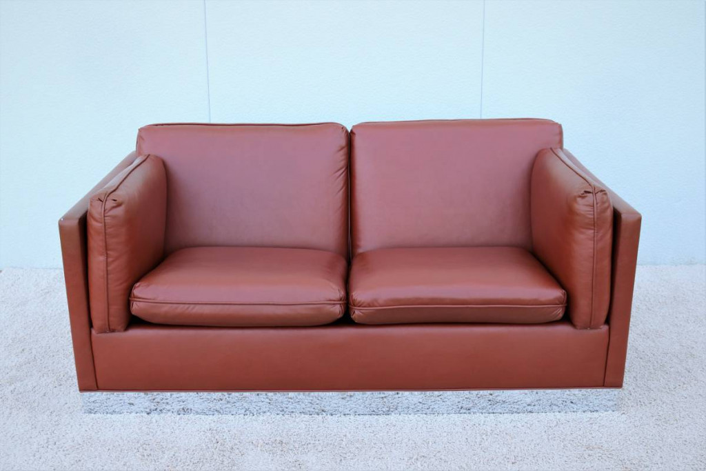 Mid-Century Modern Milo Baughman Style Brown PU Leather Two-Seat Sofa