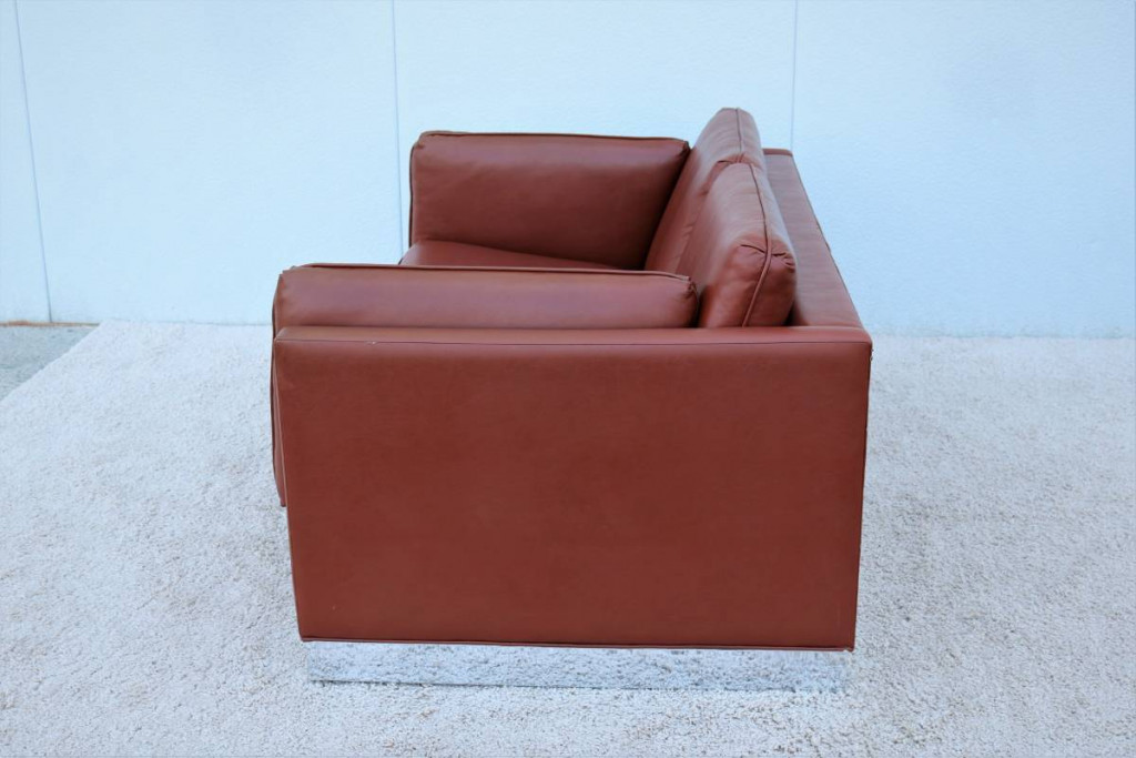 Mid-Century Modern Milo Baughman Style Brown PU Leather Two-Seat Sofa
