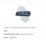 AllModern Couch - Norah Velvet 84" Recessed Arms Sofa