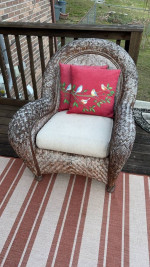 Pottery Barn patio sofa and chair with pillows