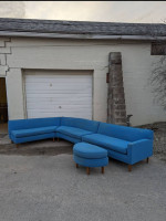 Mid-century Modern Blue Sectional Sofa with Ottoman