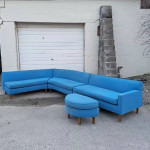 Mid-century Modern Blue Sectional Sofa with Ottoman