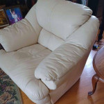 White leather overstuffed living room den leather chair sofa couch