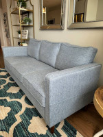 Modern Linen Sofa / Couch with Armrest Pockets — Dusty Blue
