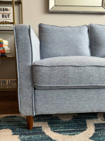 Modern Linen Sofa / Couch with Armrest Pockets — Dusty Blue