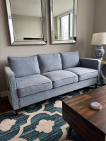 Modern Linen Sofa / Couch with Armrest Pockets — Dusty Blue