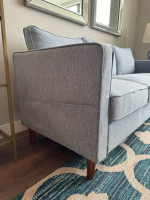 Modern Linen Sofa / Couch with Armrest Pockets — Dusty Blue