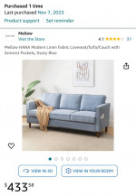 Modern Linen Sofa / Couch with Armrest Pockets — Dusty Blue