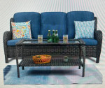 Joyside Wicker Outdoor Sofa Lounge Chair With Blue Cushion & Table New