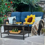 Joyside Wicker Outdoor Sofa Lounge Chair With Blue Cushion & Table New